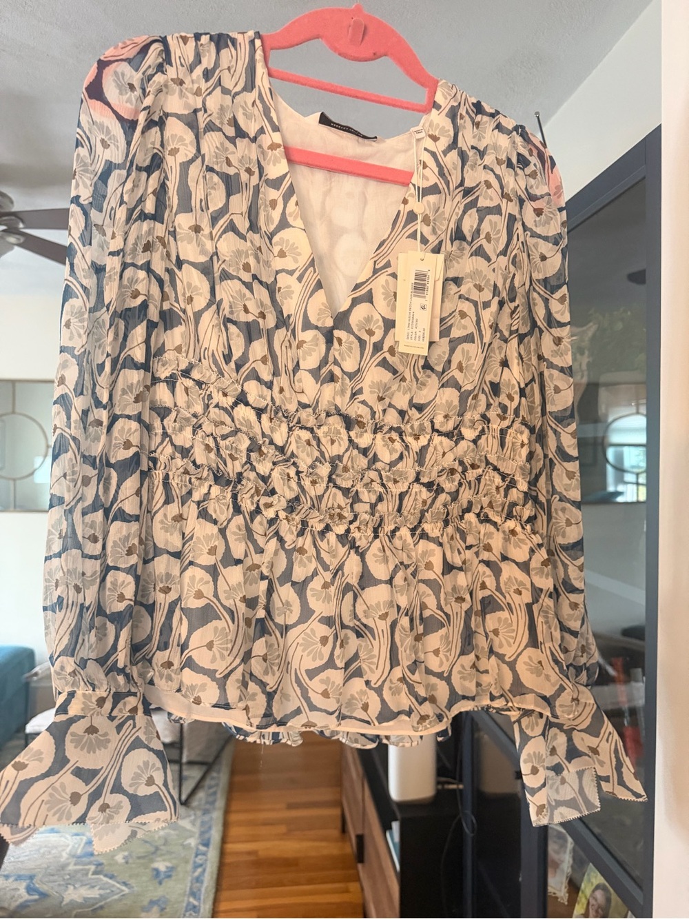 Rebecca Taylor Blue & Cream Floral Smocked V-Neck Blouse